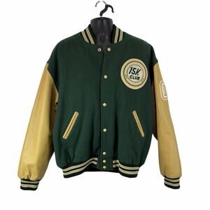 Stewart & Strauss Varsity Jacket Sz XXL Wool Leather Green Tan 15k Club Finance